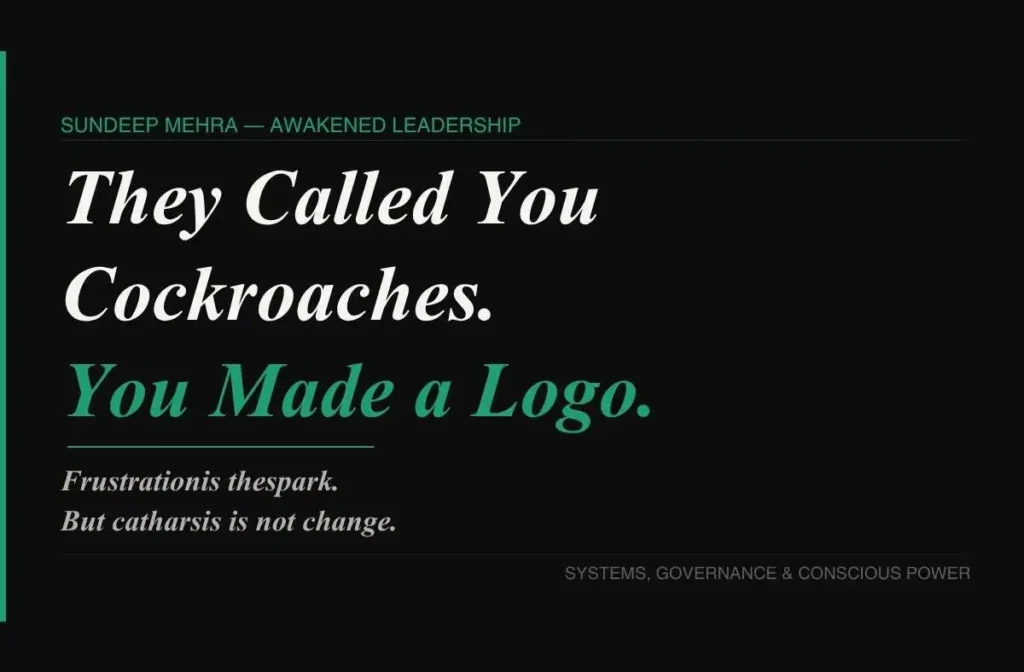 They Called You Cockroaches. You Made a Logo. 2 12:21Claude responded: Cockroach Janta Party — SunDeep Mehra on India's Gen Z crisis, awakened leadership and governance.Cockroach Janta Party — SunDeep Mehra on India's Gen Z crisis, awakened leadership and governance.