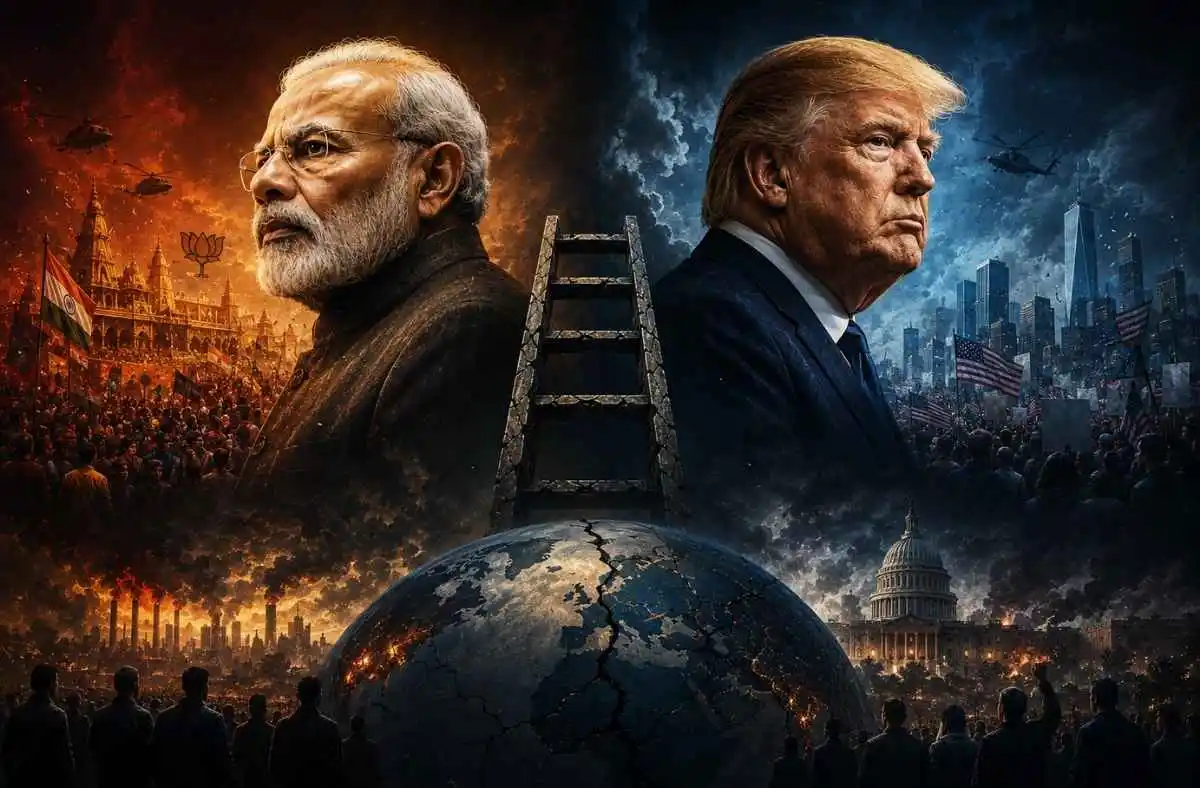 Modi Trump same cloth different continents — two leaders, one cracked world, one ladder of power.