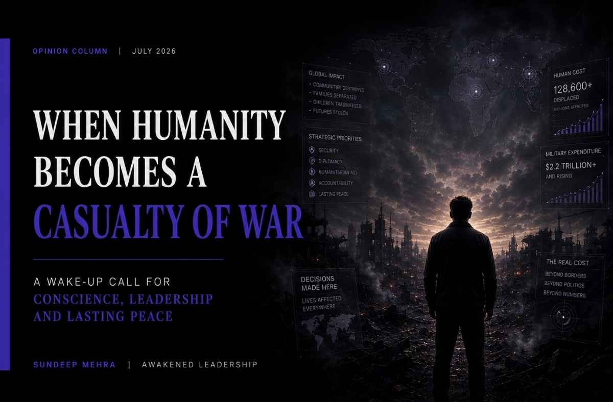 The Courage to Remain Human opinion column cover showing a lone figure overlooking the human cost of war, leadership, conscience, and global conflict.
