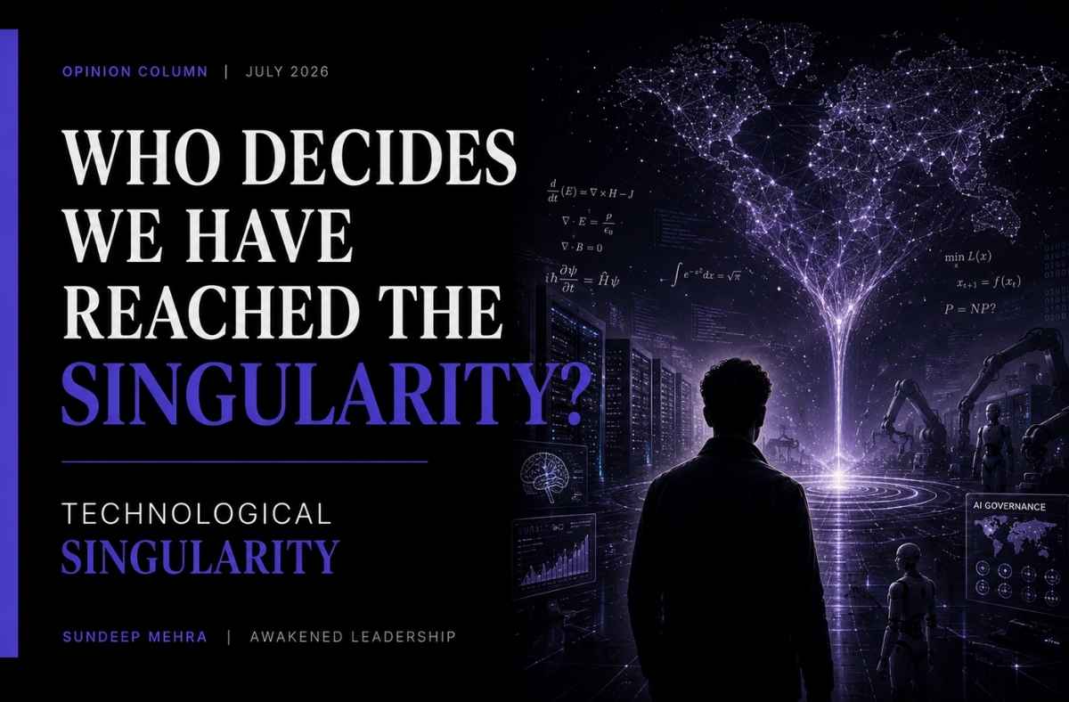 Who Decides We Have Reached the Singularity? Editorial feature image illustrating the technological singularity, artificial intelligence, AI governance, and the future of leadership by SunDeep Mehra.
