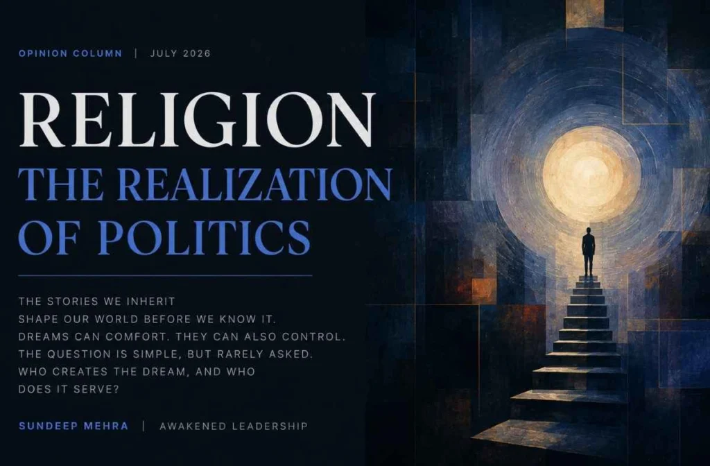 Religion: the realization of politics — opinion column by Sundeep Mehra on awakened leadership, featuring a silhouetted figure climbing stairs toward light