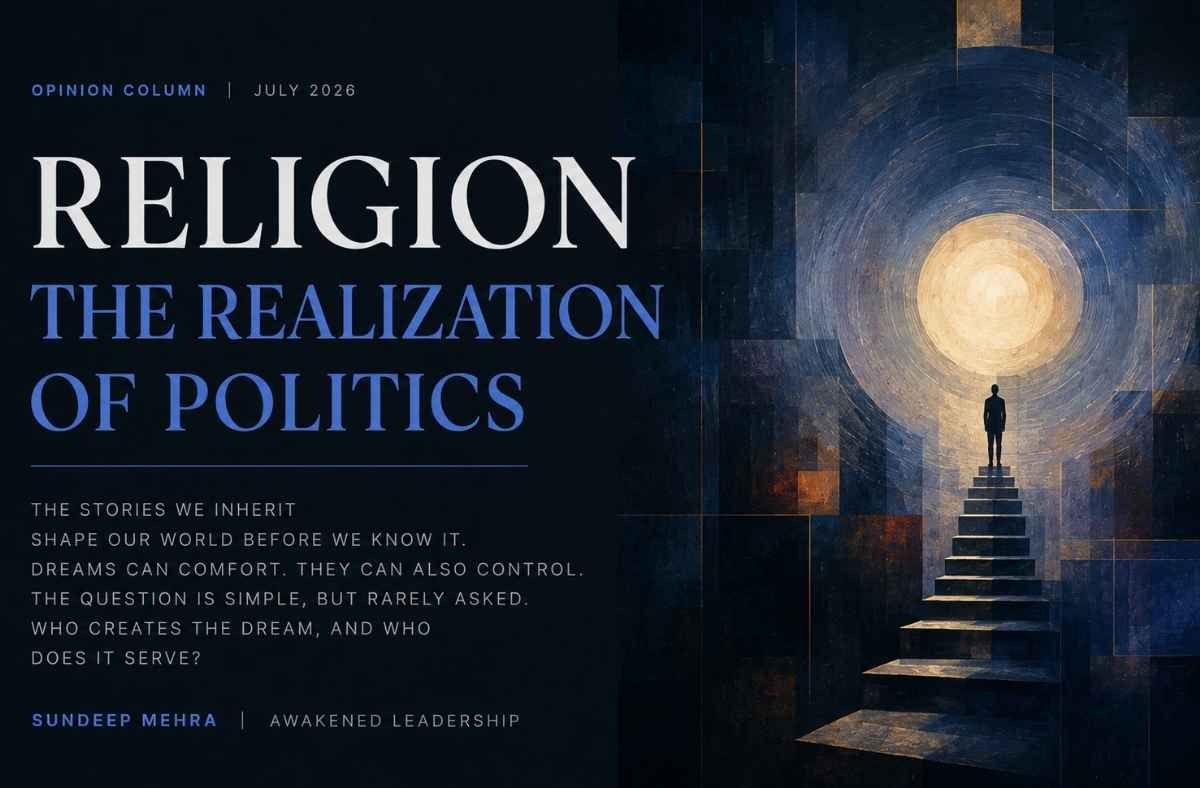 Religion: the realization of politics — opinion column by Sundeep Mehra on awakened leadership, featuring a silhouetted figure climbing stairs toward light
